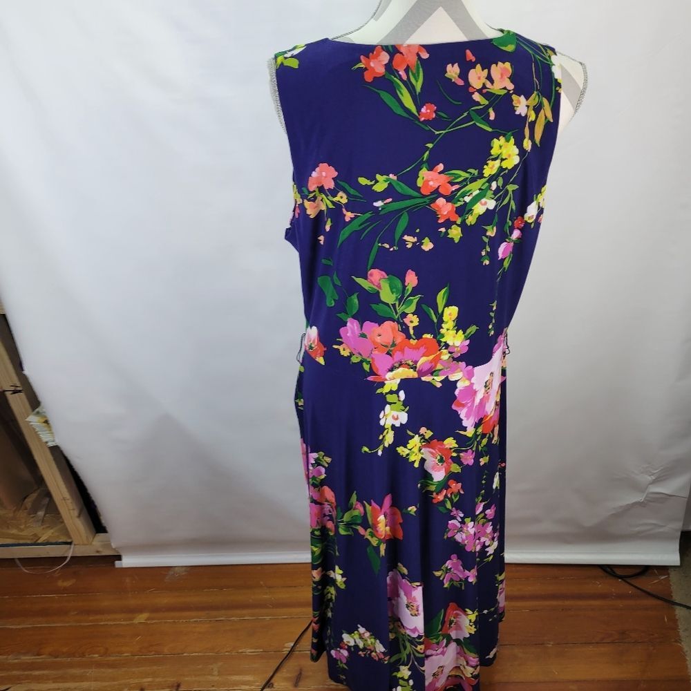 Lauren Ralph Lauren Faux Wrap Navy Floral Sleeveless Midi Dress Side Zip Size 16 - Picture 6 of 12